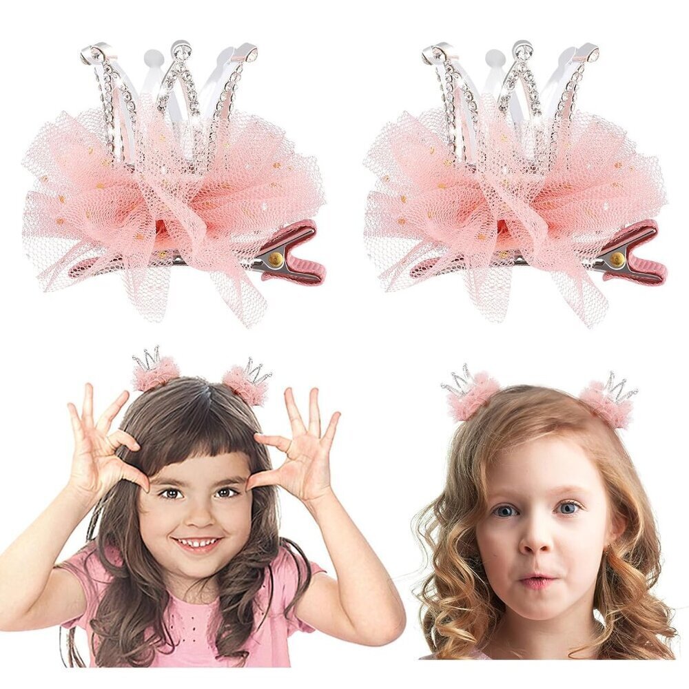 Toddler Girls Crown Hair Clips Pink Mesh Rhinestone Hair Accessories for Parties